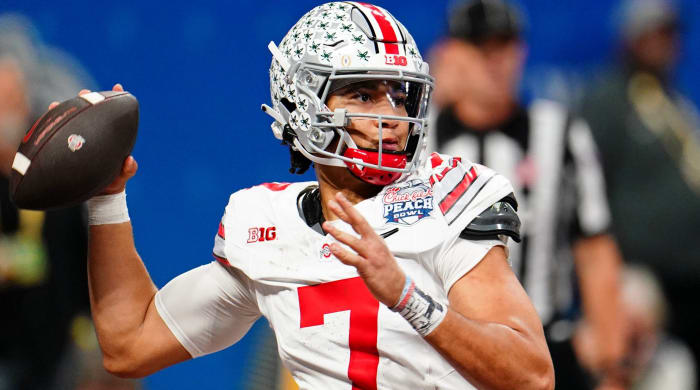 Ohio State quarterback C.J. Stroud throws a pass in a game vs. Georgia.